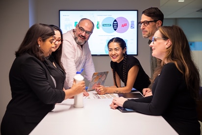 Een team dat samenwerkt. Op de achtergrond een interactief bord met de logo’s van Palmolive en Ajax